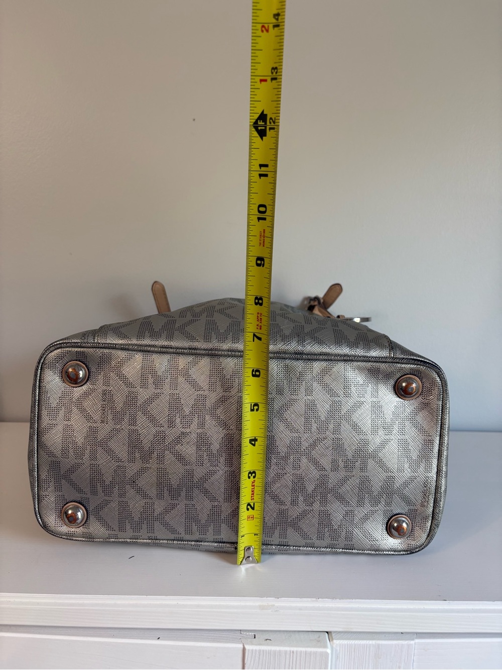 Michael Kors Silver Metallic East West Signature Monogram Chain Tote Bag - Picture 6 of 15